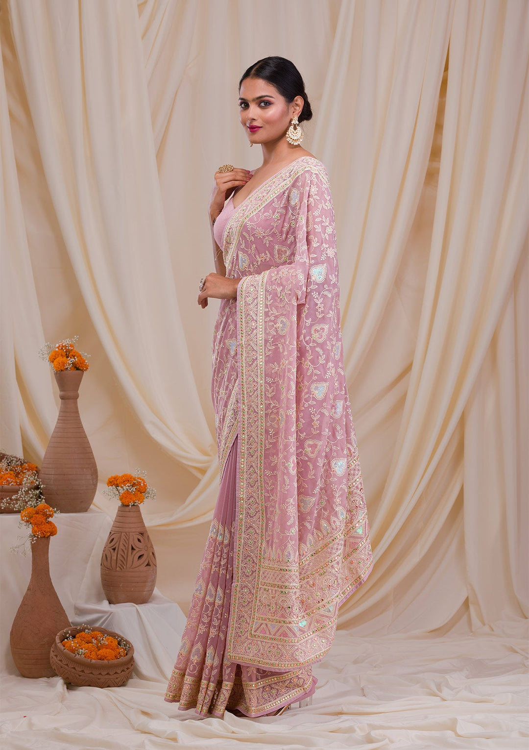 Mauve Gotapatti Chiffon Saree-Koskii