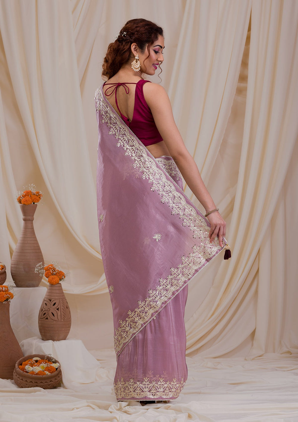 Mauve Gotapatti Tissue Saree-Koskii