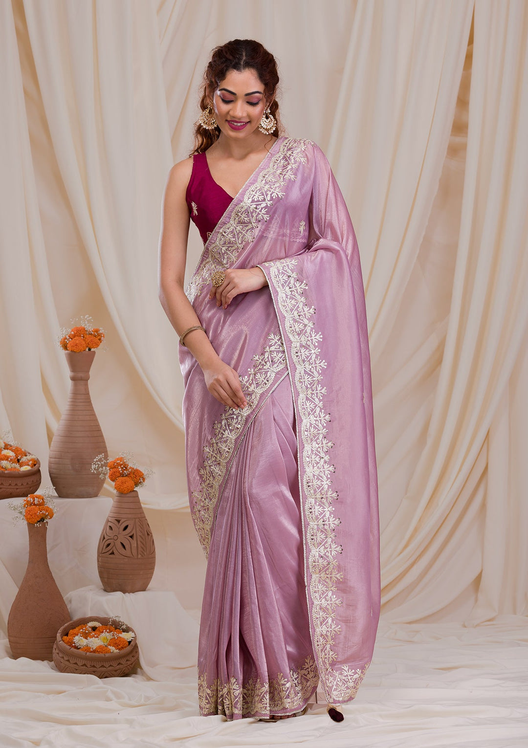 Mauve Gotapatti Tissue Saree-Koskii