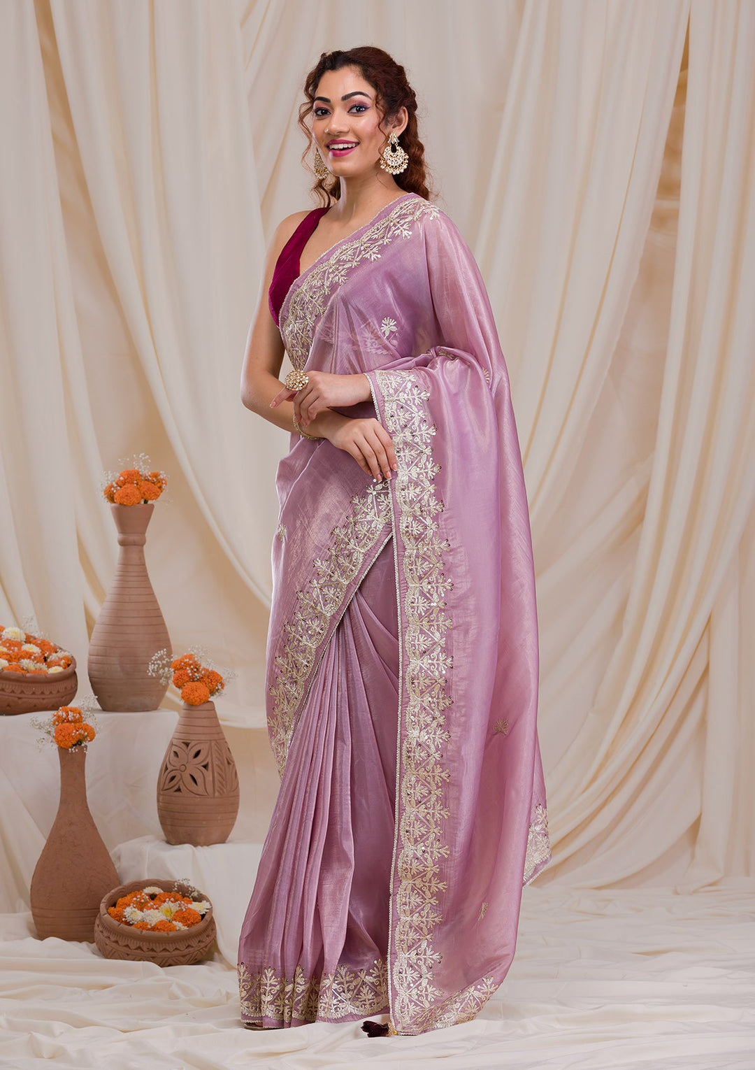 Mauve Gotapatti Tissue Saree-Koskii