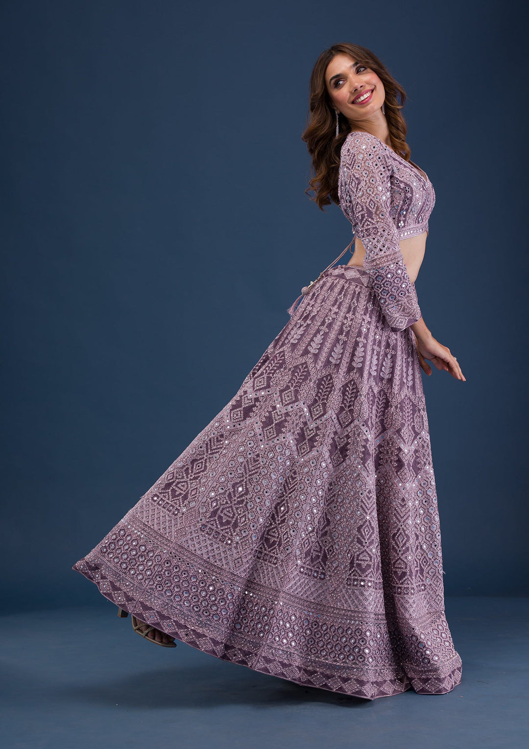 Mauve Mirrorwork Net Readymade Lehenga-Koskii