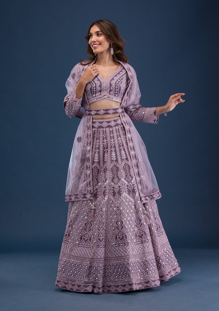Mauve Mirrorwork Net Readymade Lehenga-Koskii