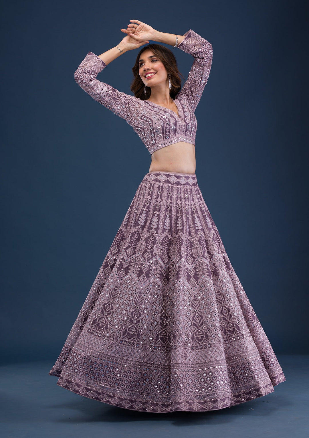 Mauve Mirrorwork Net Readymade Lehenga-Koskii