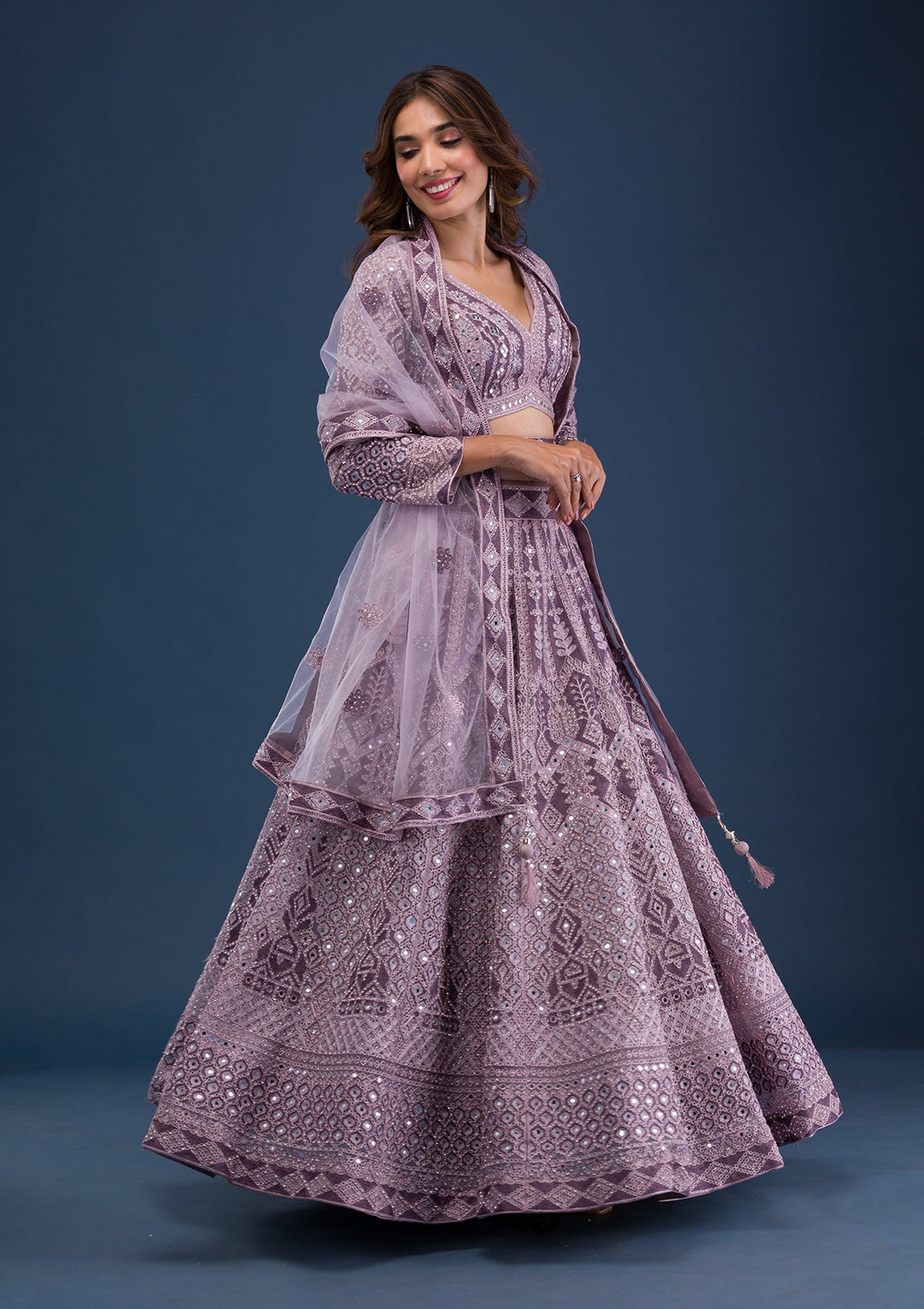Mauve Mirrorwork Net Readymade Lehenga-Koskii