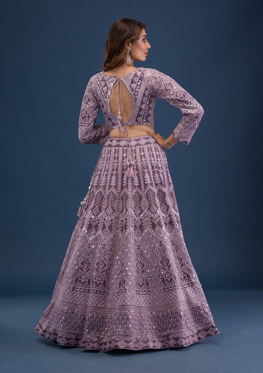 Mauve Mirrorwork Net Readymade Lehenga-Koskii