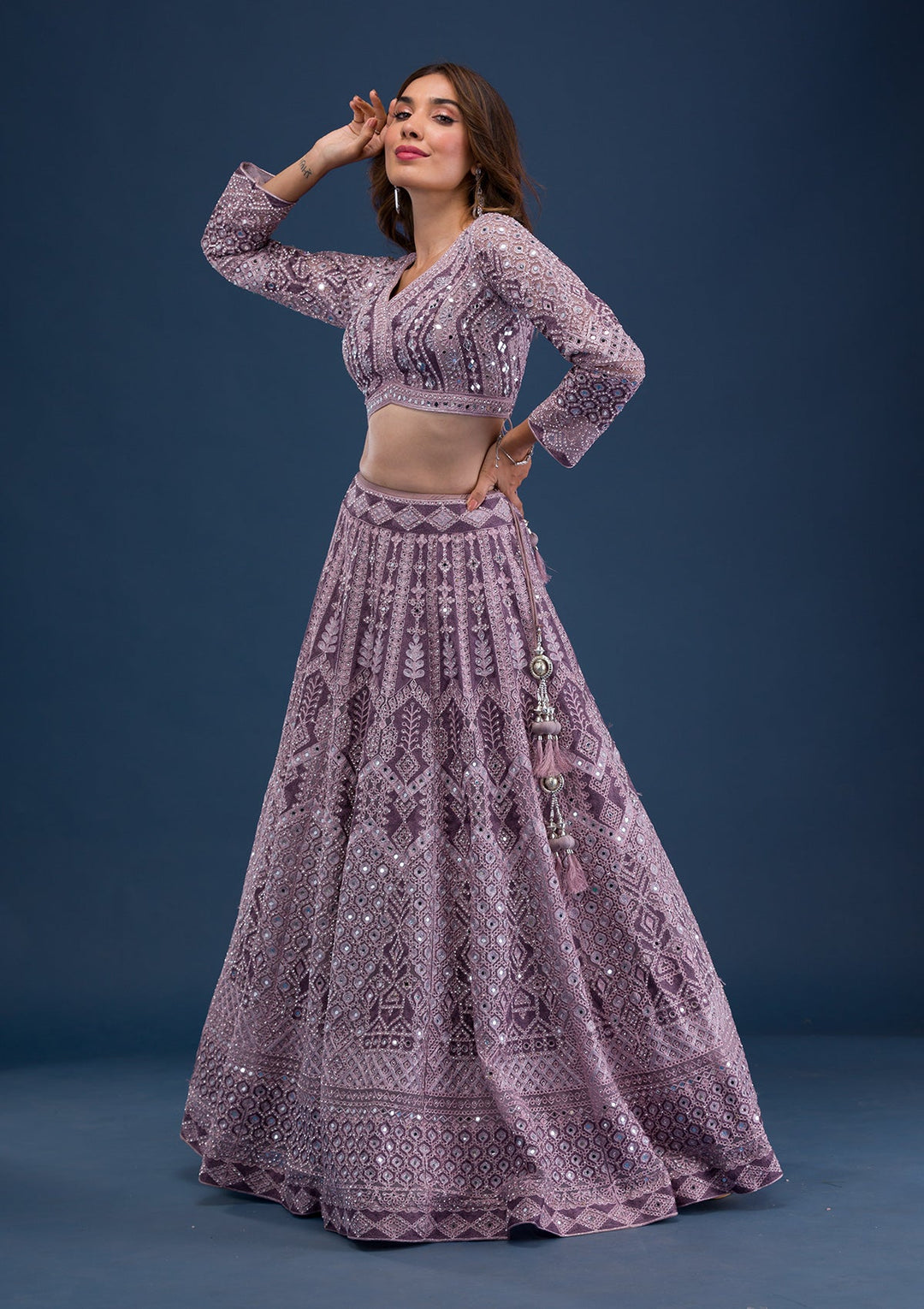 Mauve Mirrorwork Net Readymade Lehenga-Koskii