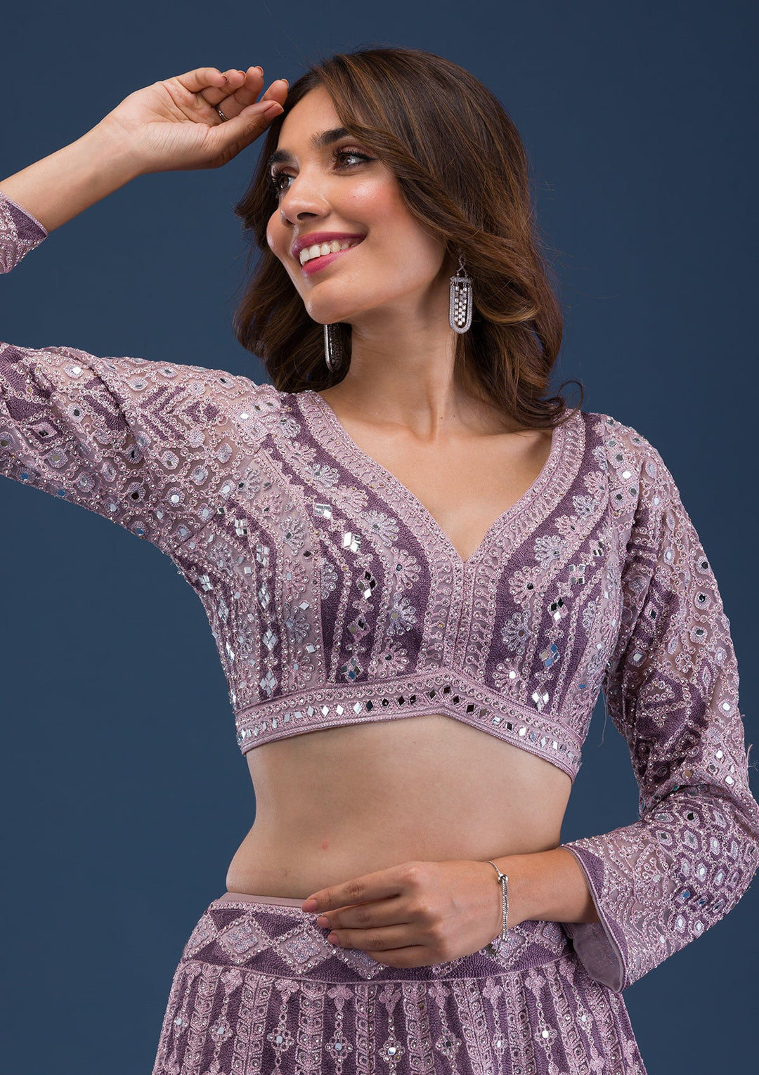 Mauve Mirrorwork Net Readymade Lehenga-Koskii