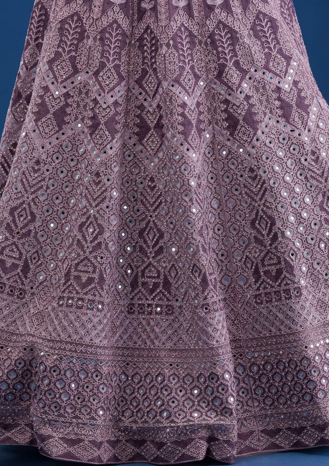 Mauve Mirrorwork Net Readymade Lehenga-Koskii
