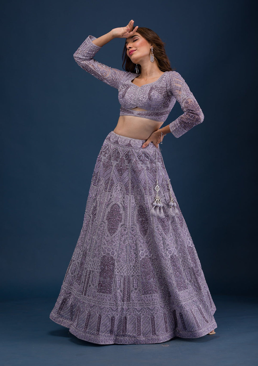 Mauve Pearlwork Net Readymade Lehenga-Koskii
