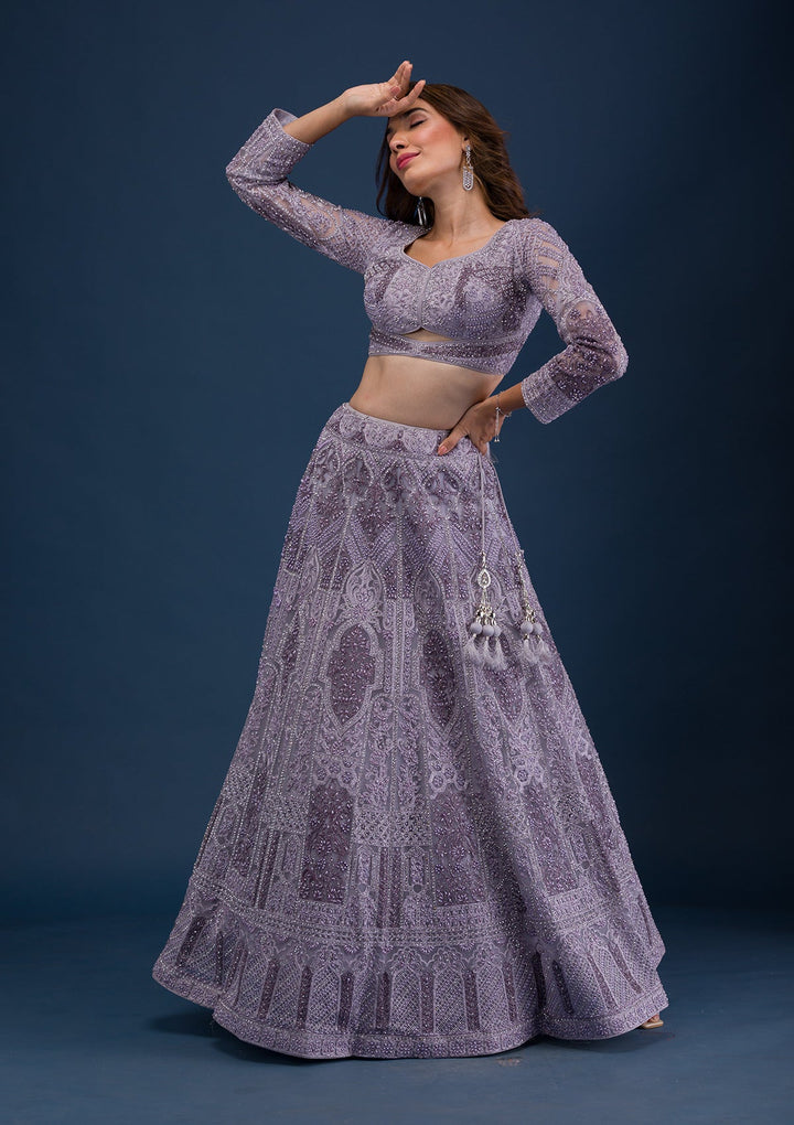 Mauve Pearlwork Net Readymade Lehenga-Koskii
