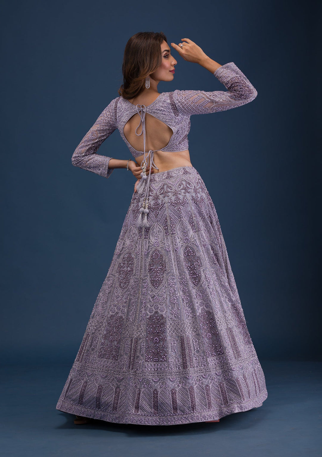 Mauve Pearlwork Net Readymade Lehenga-Koskii