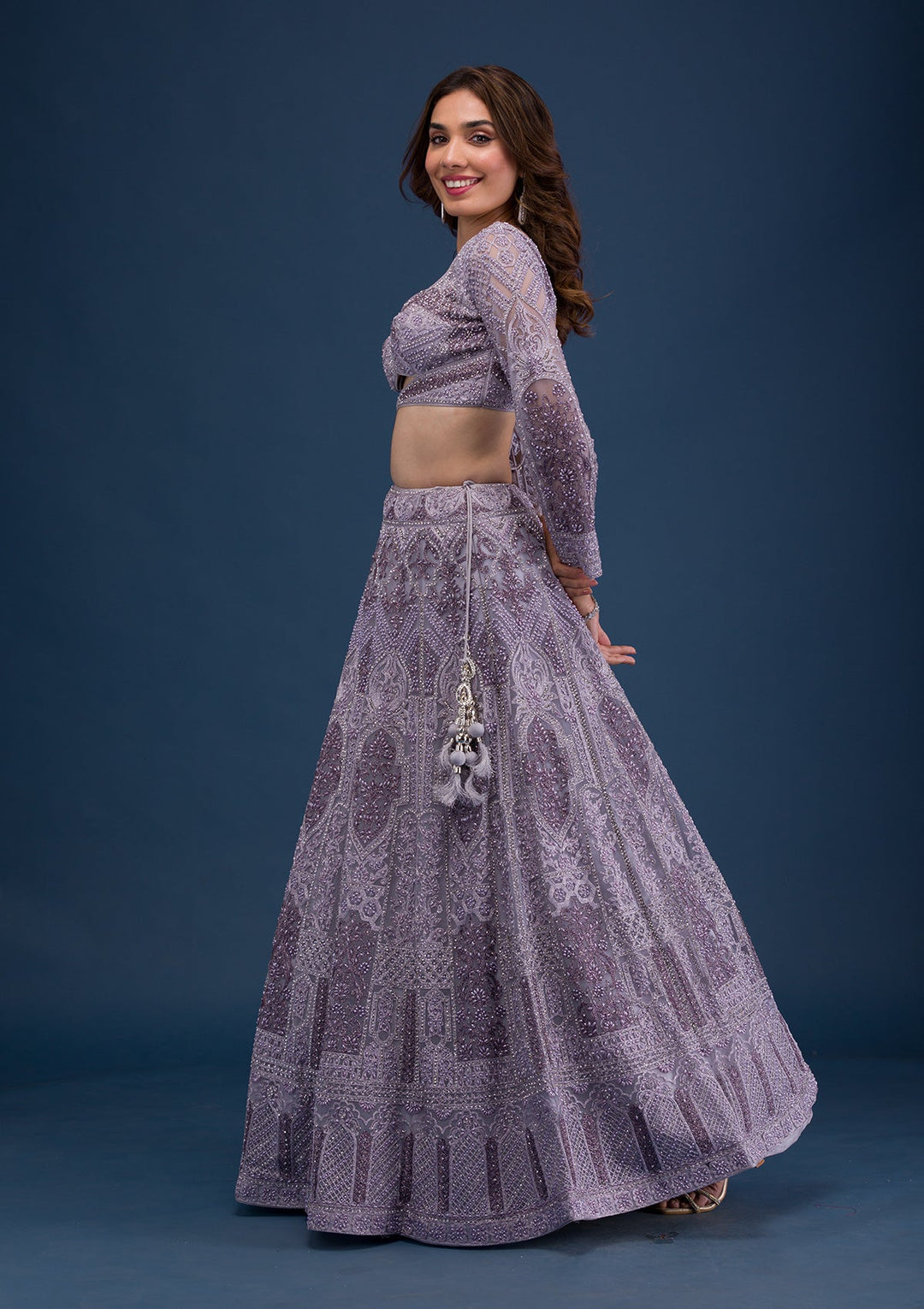 Mauve Pearlwork Net Readymade Lehenga-Koskii