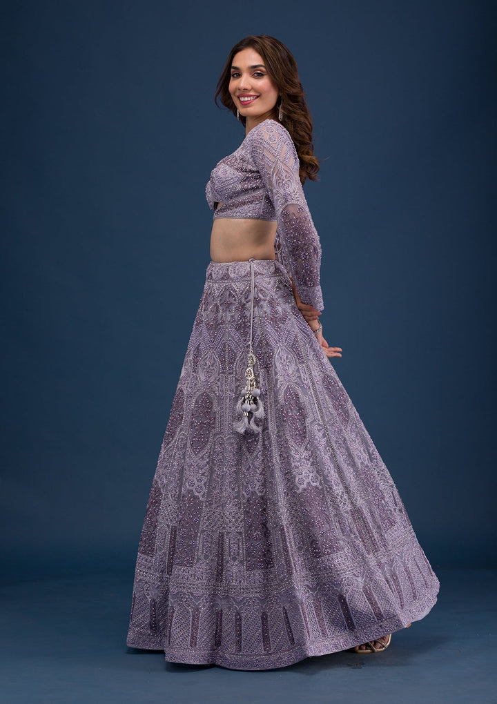 Mauve Pearlwork Net Readymade Lehenga-Koskii
