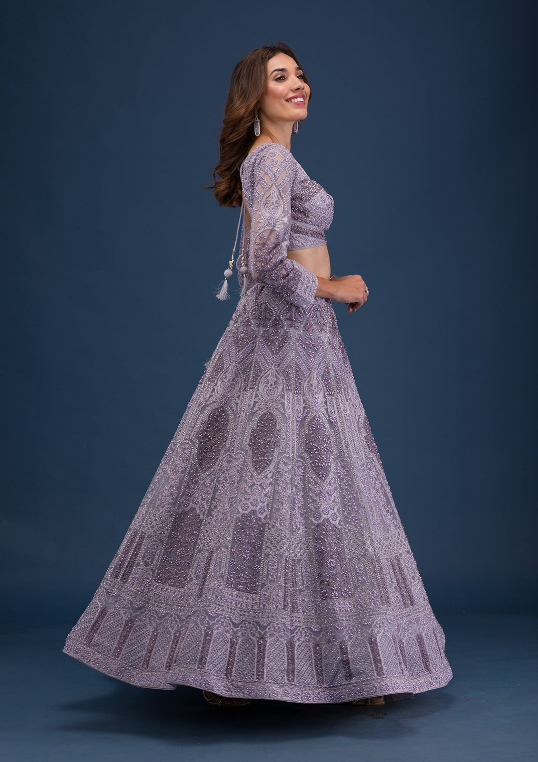 Mauve Pearlwork Net Readymade Lehenga-Koskii
