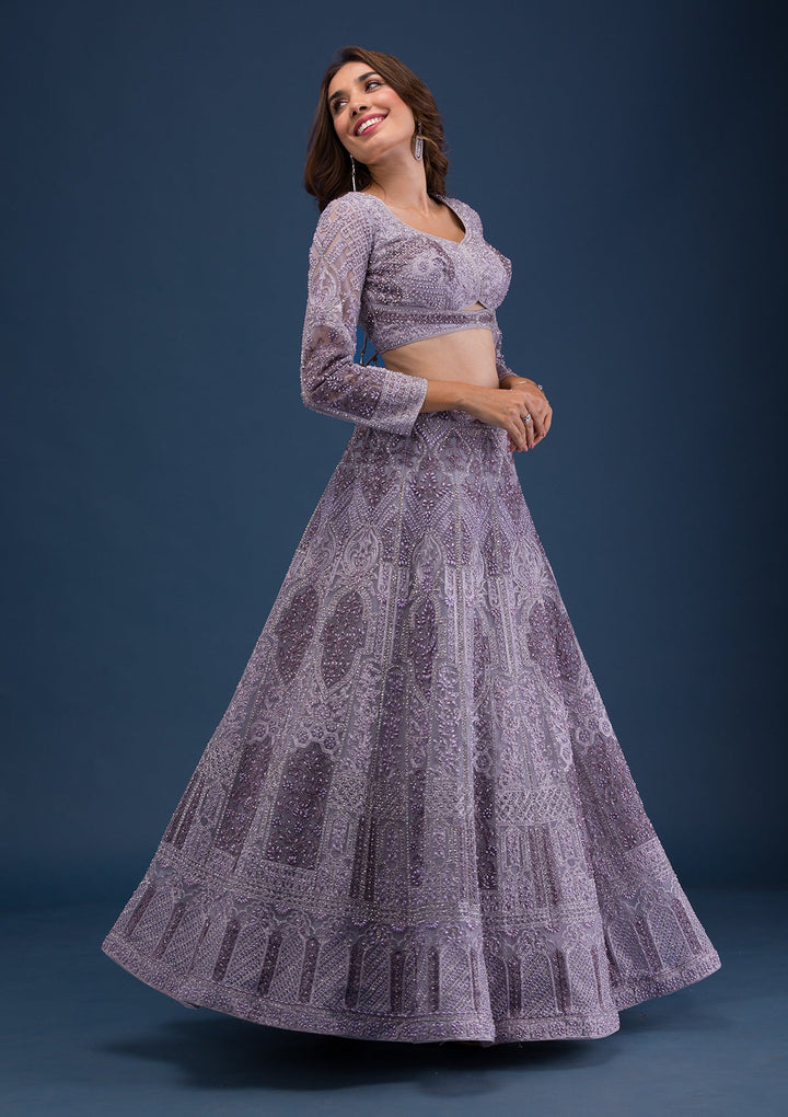 Mauve Pearlwork Net Readymade Lehenga-Koskii