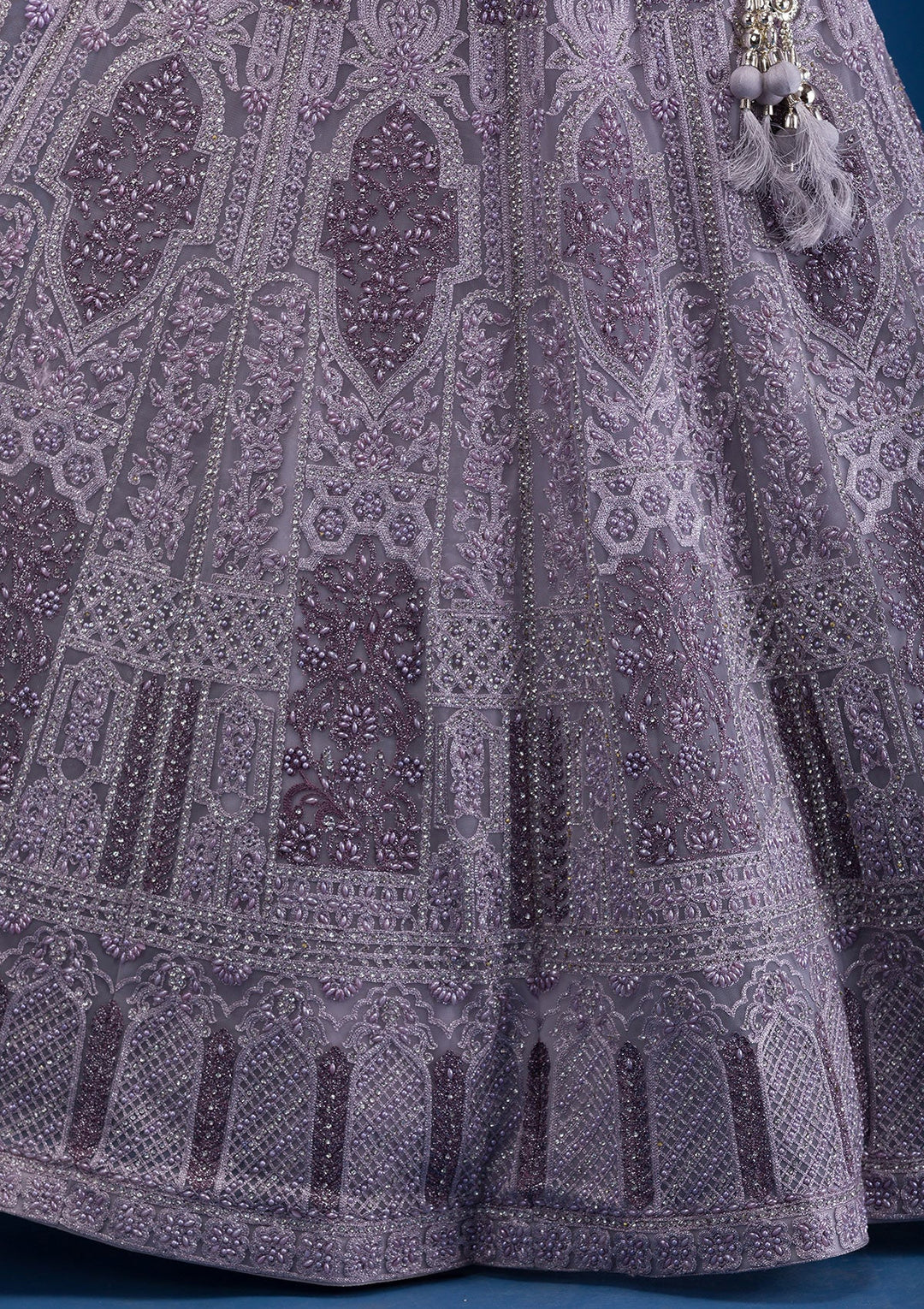 Mauve Pearlwork Net Readymade Lehenga-Koskii