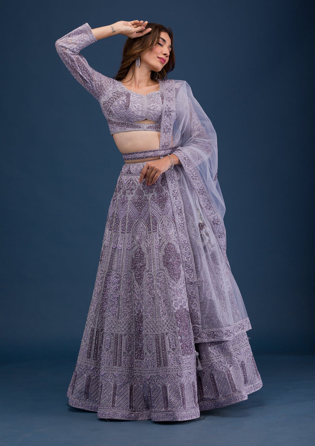 Mauve Pearlwork Net Readymade Lehenga-Koskii
