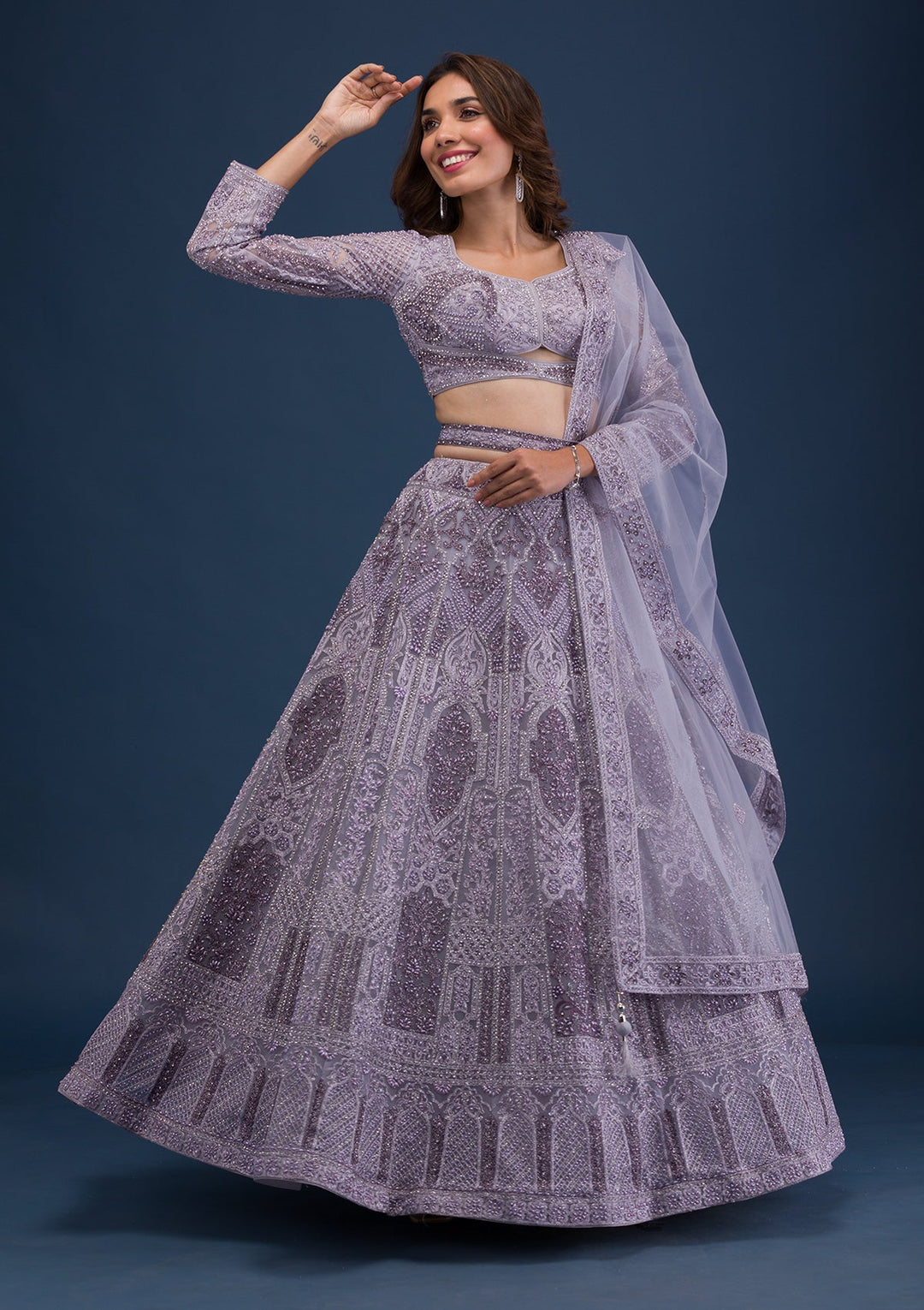 Mauve Pearlwork Net Readymade Lehenga-Koskii