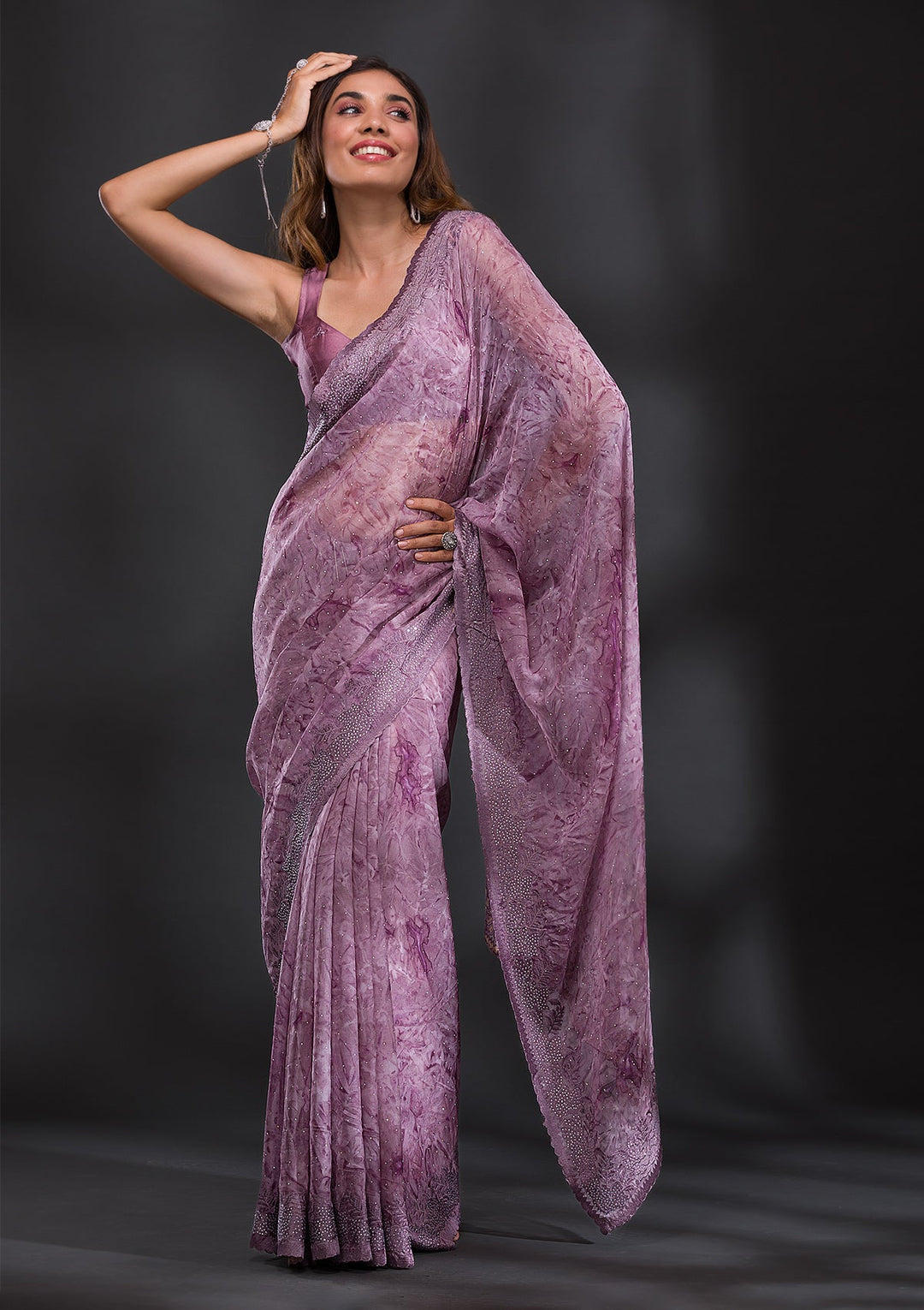 Mauve Printed Semi Crepe Saree-Koskii