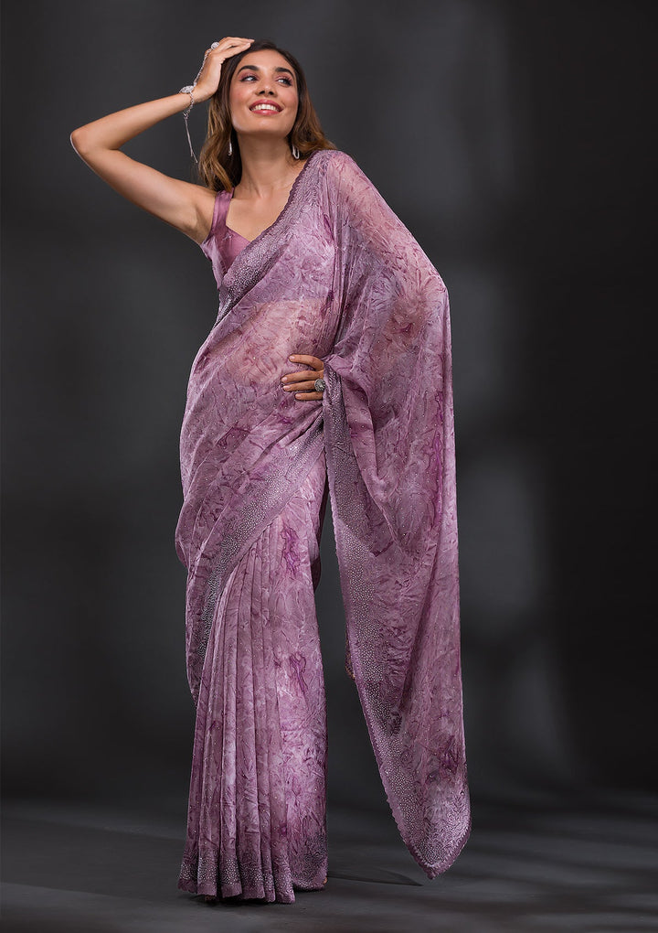 Mauve Printed Semi Crepe Saree-Koskii