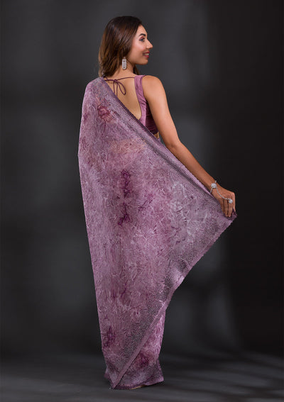 Mauve Printed Semi Crepe Saree-Koskii