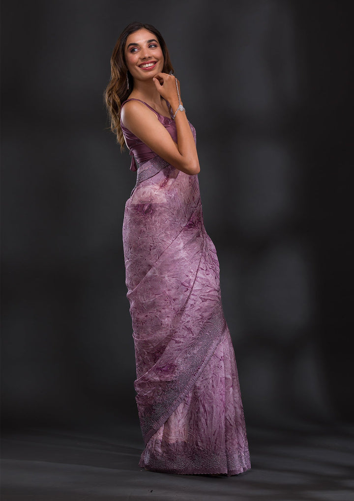 Mauve Printed Semi Crepe Saree-Koskii