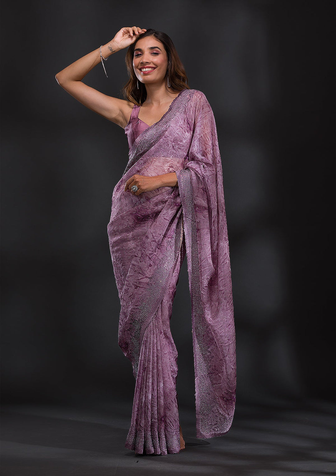 Mauve Printed Semi Crepe Saree-Koskii