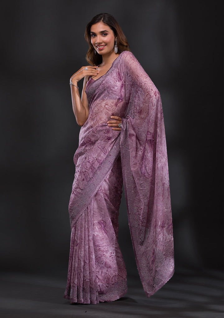 Mauve Printed Semi Crepe Saree-Koskii