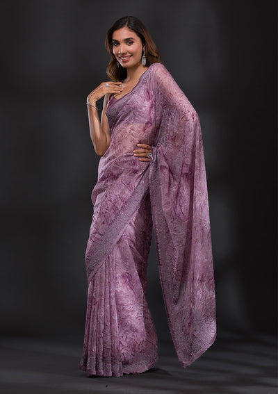 Mauve Printed Semi Crepe Saree-Koskii