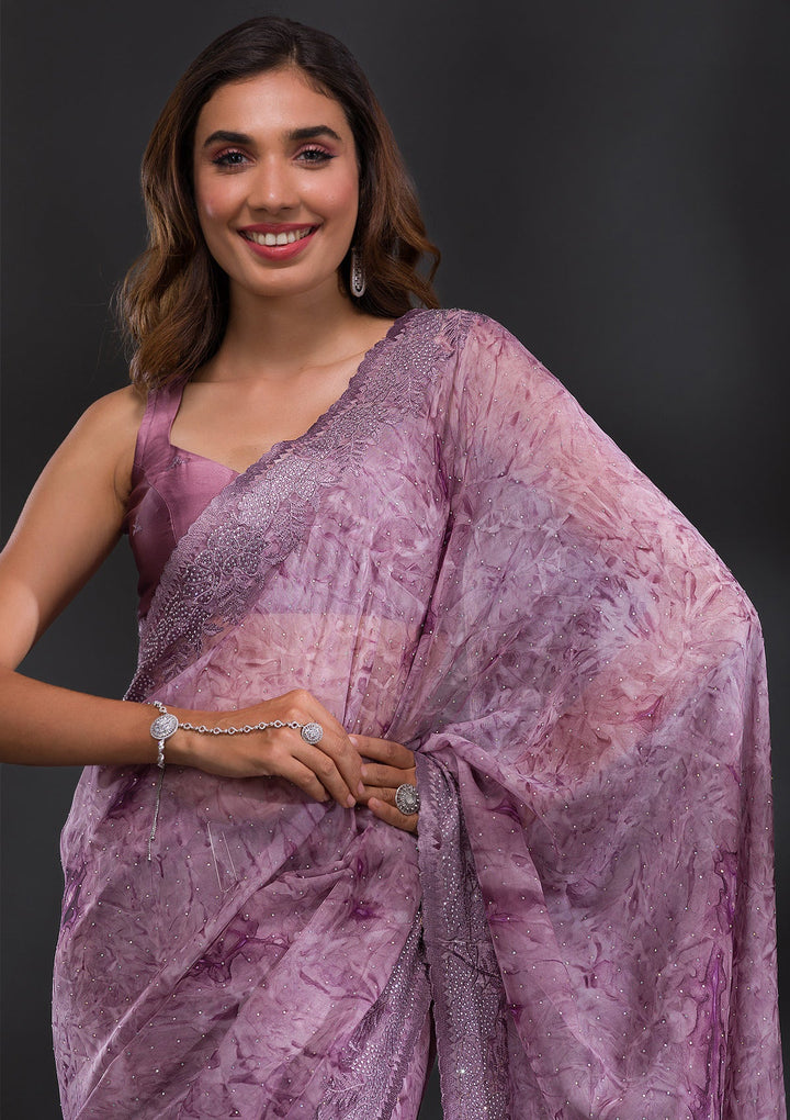 Mauve Printed Semi Crepe Saree-Koskii