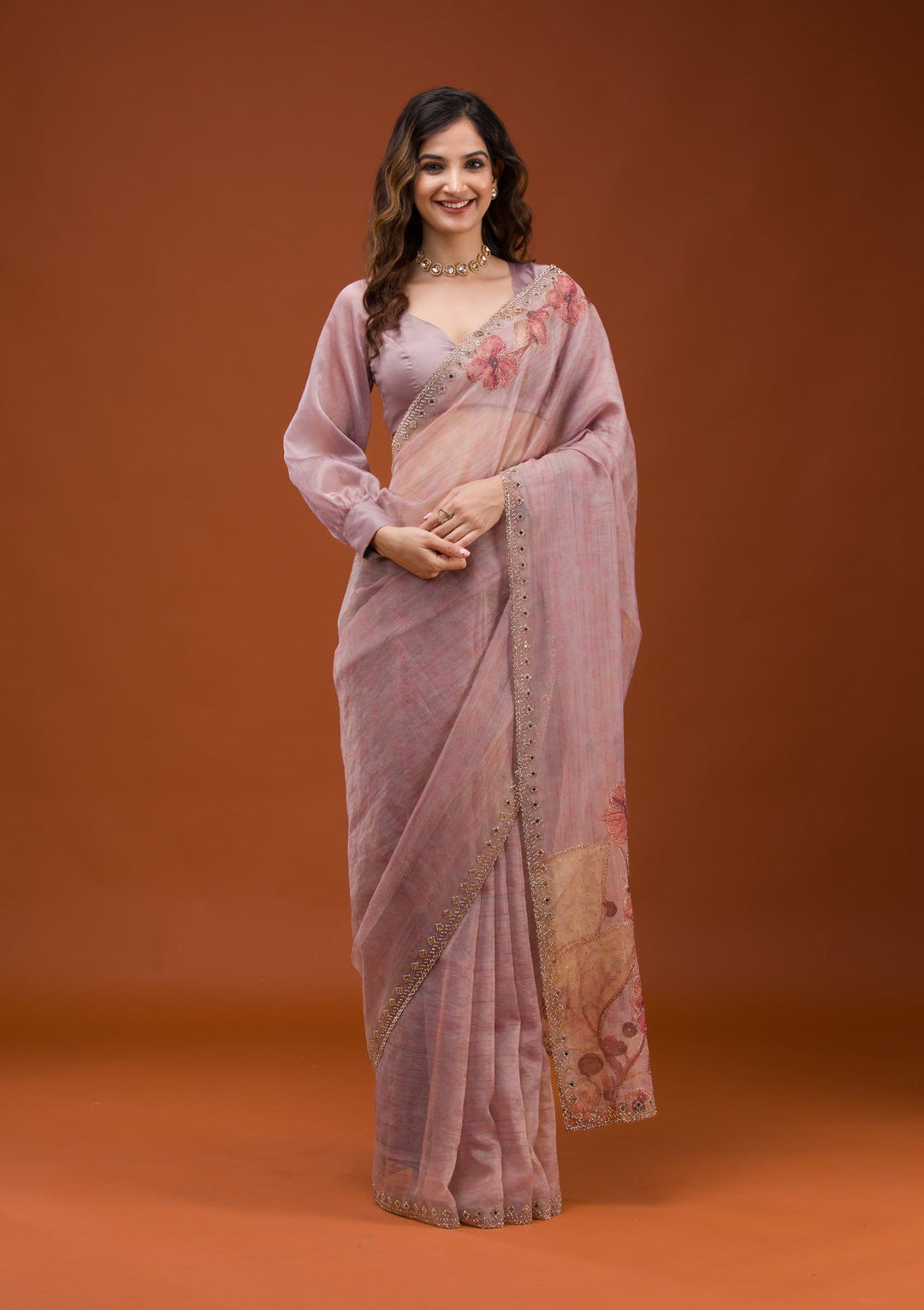 Mauve Printed Tissue Saree-Koskii
