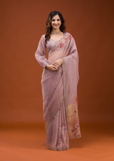 Mauve Printed Tissue Saree-Koskii