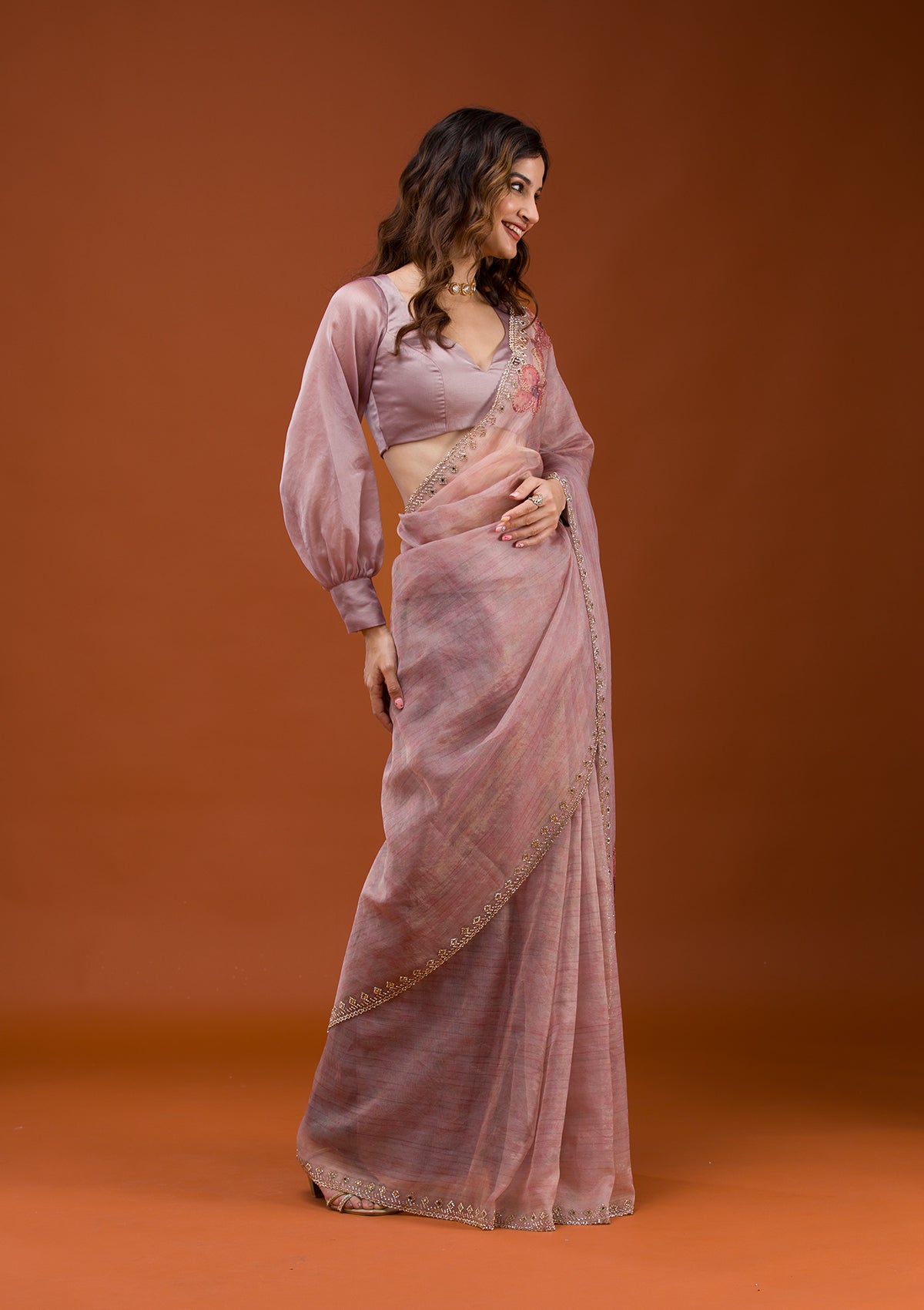 Mauve Printed Tissue Saree-Koskii