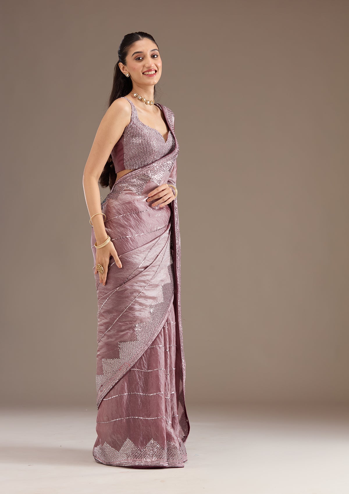 Mauve Sequins Tissue Saree-Koskii