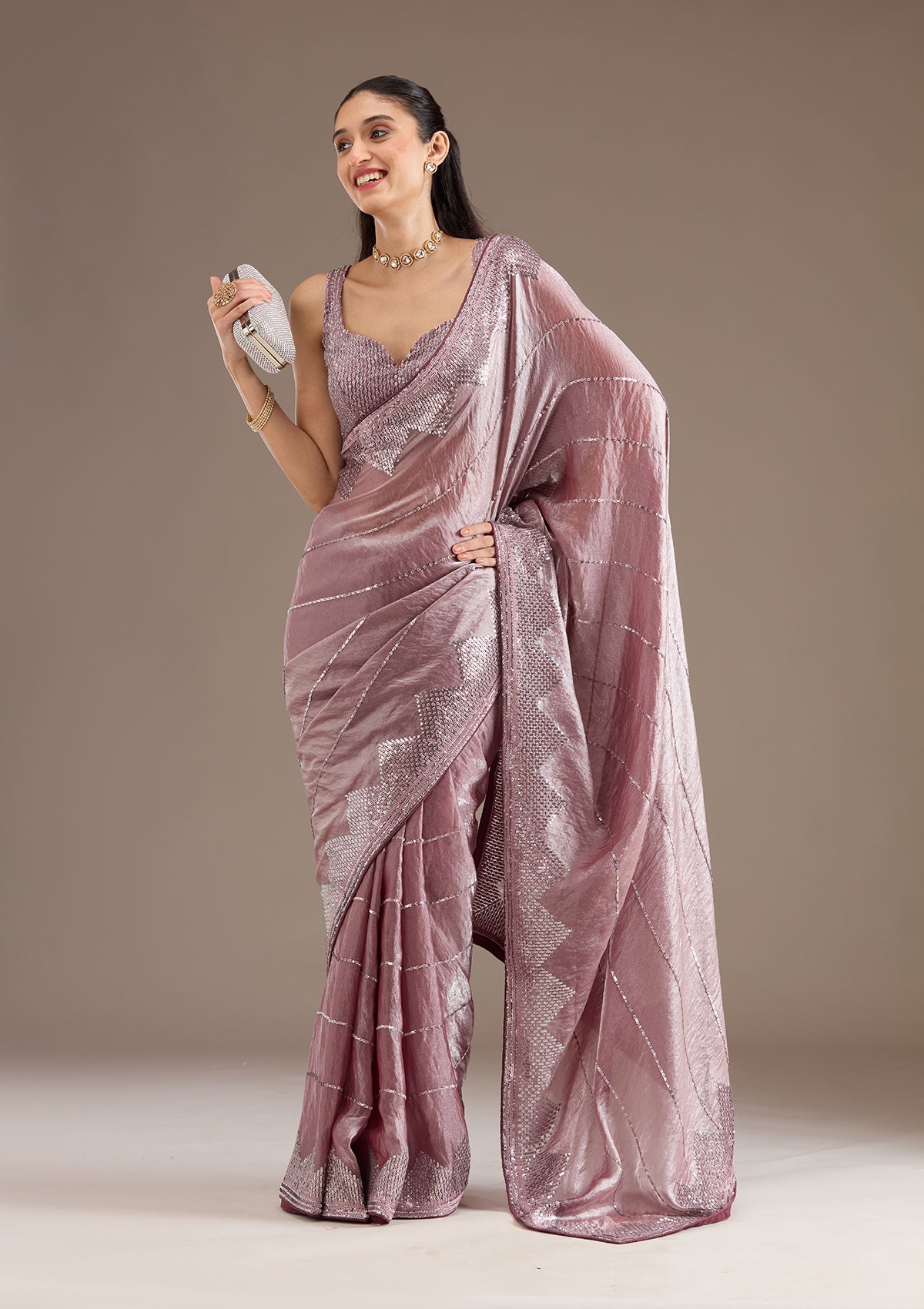 Mauve Sequins Tissue Saree-Koskii