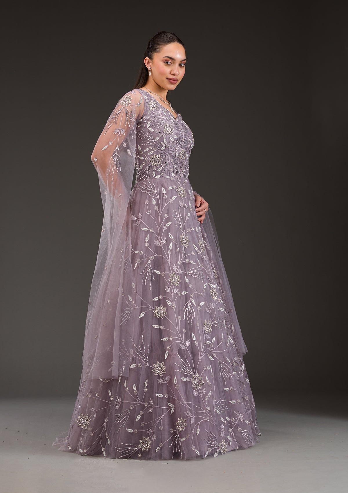 Mauve Silver Stonework Net Gown-Koskii