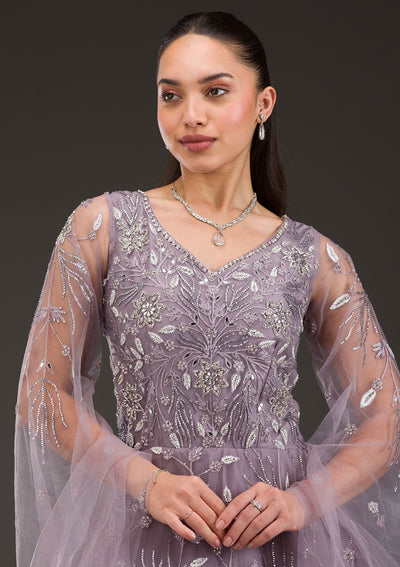 Mauve Silver Stonework Net Gown-Koskii