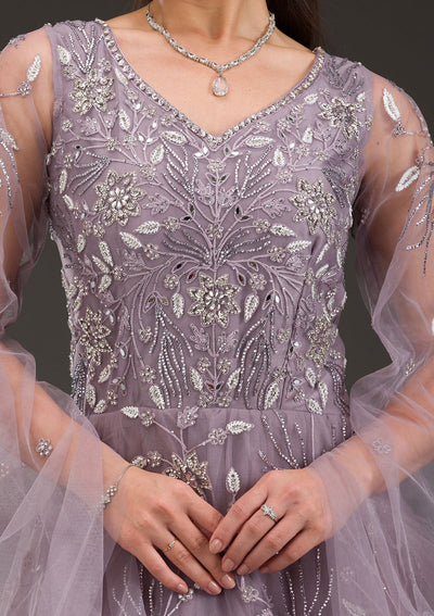 Mauve Silver Stonework Net Gown-Koskii