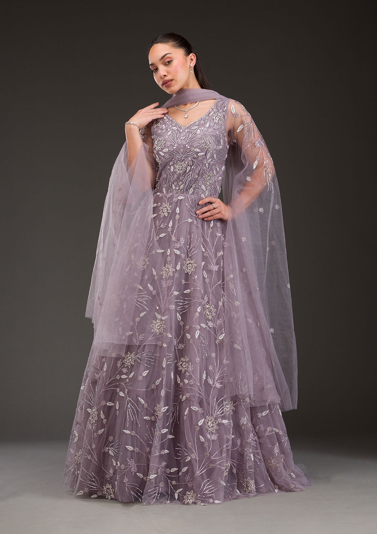 Mauve Silver Stonework Net Gown-Koskii