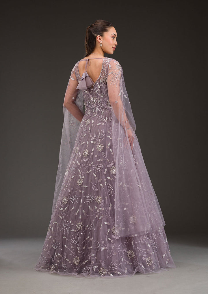 Mauve Silver Stonework Net Gown-Koskii
