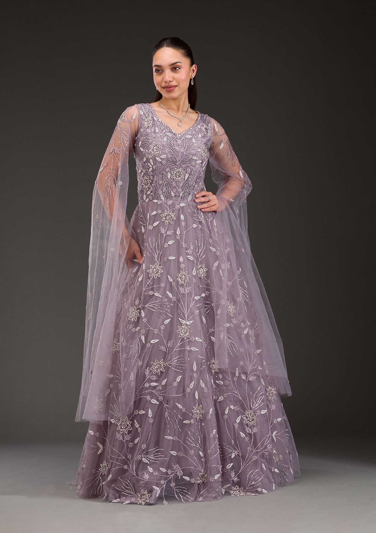 Mauve Silver Stonework Net Gown-Koskii