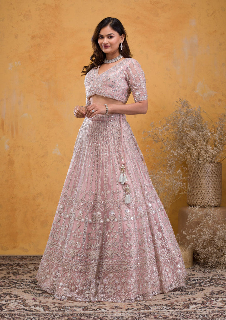 Mauve Stonework Net Readymade Lehenga-Koskii