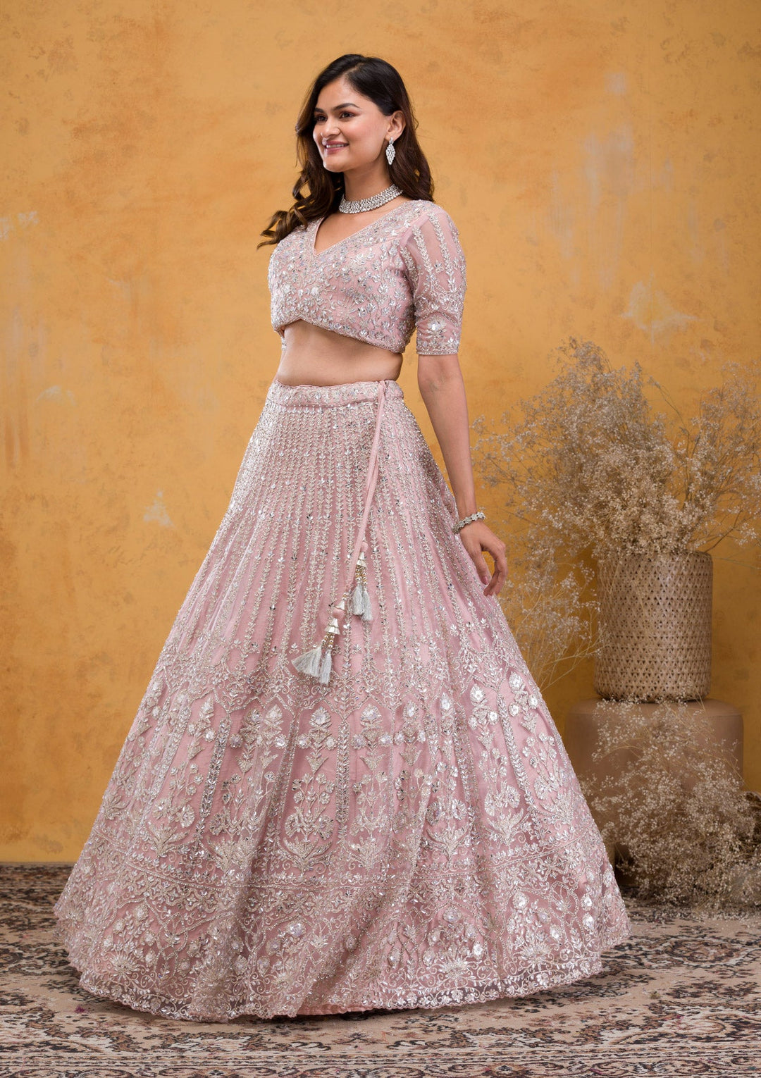 Mauve Stonework Net Readymade Lehenga-Koskii