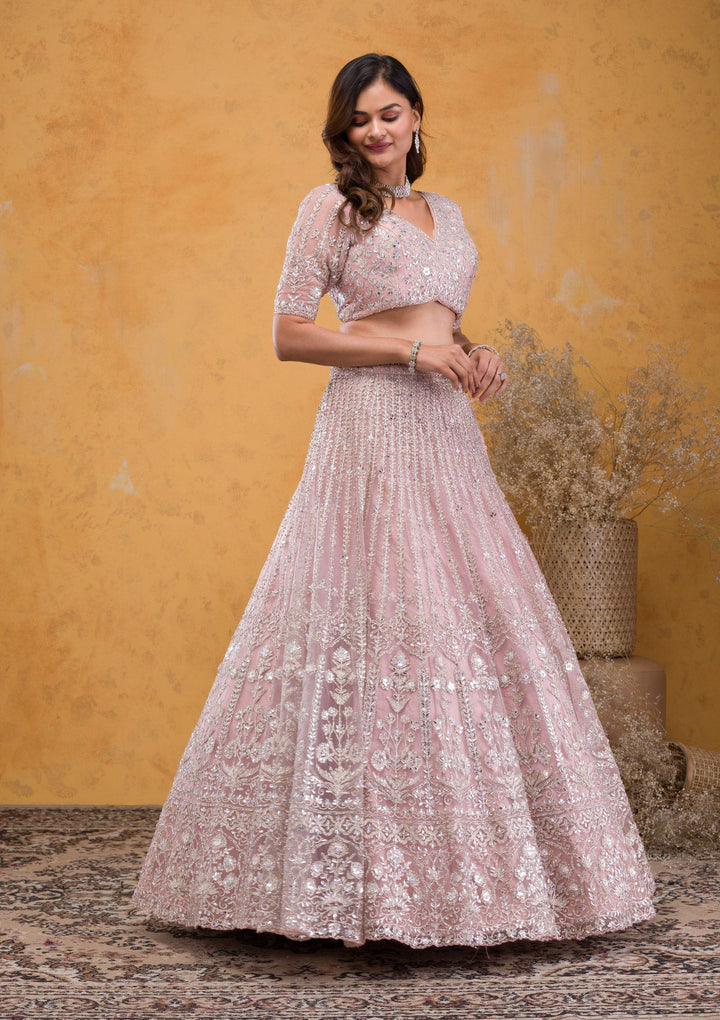 Mauve Stonework Net Readymade Lehenga-Koskii
