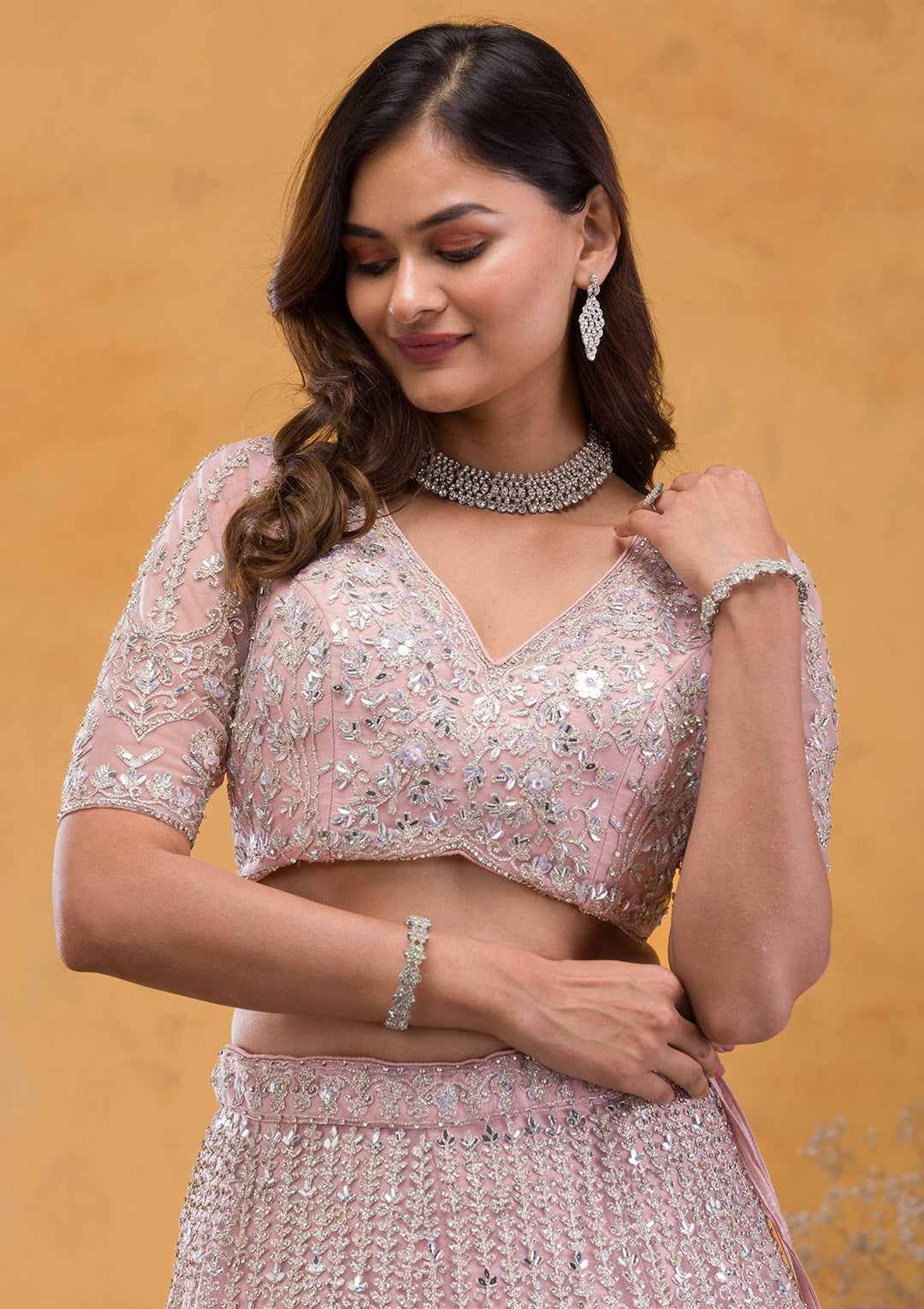 Mauve Stonework Net Readymade Lehenga-Koskii