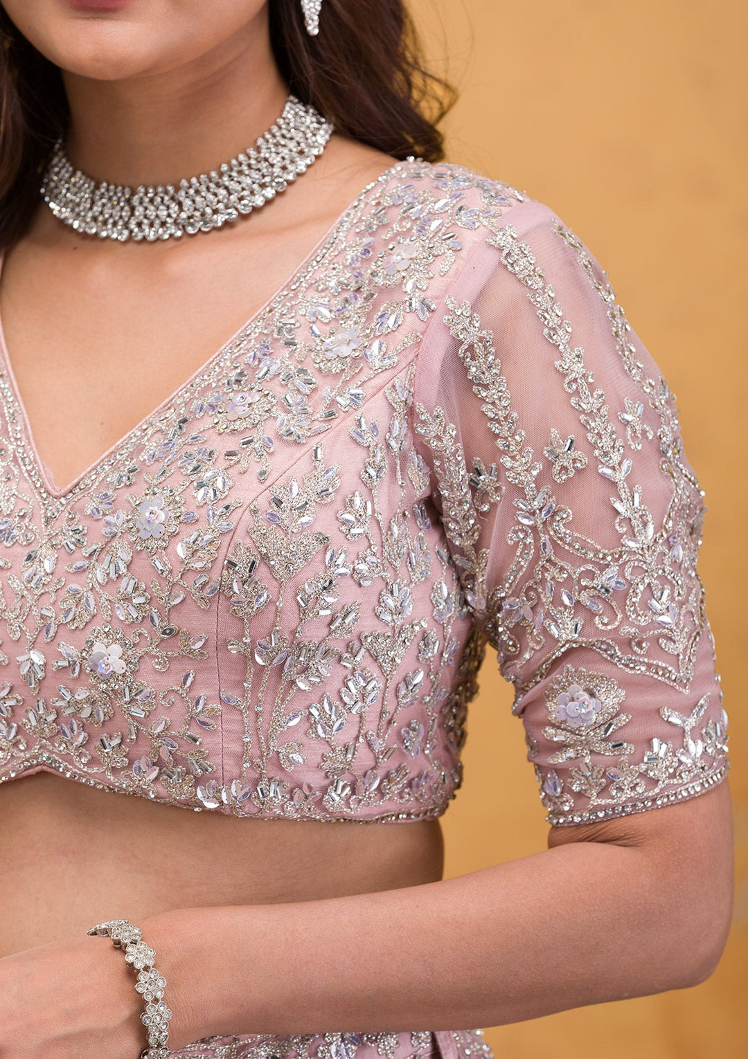 Mauve Stonework Net Readymade Lehenga-Koskii