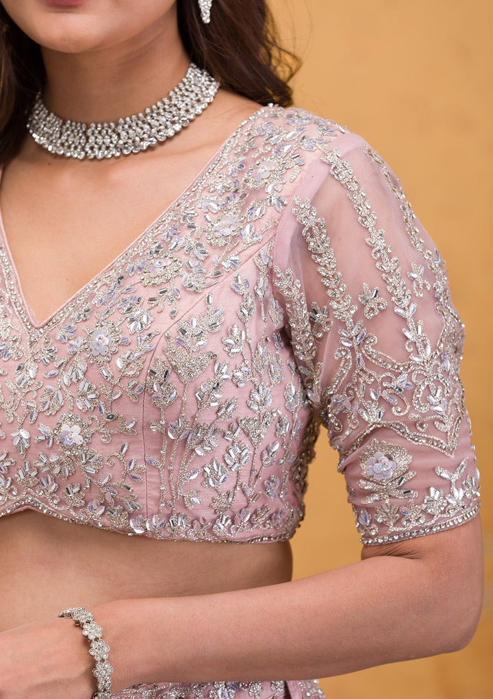 Mauve Stonework Net Readymade Lehenga-Koskii