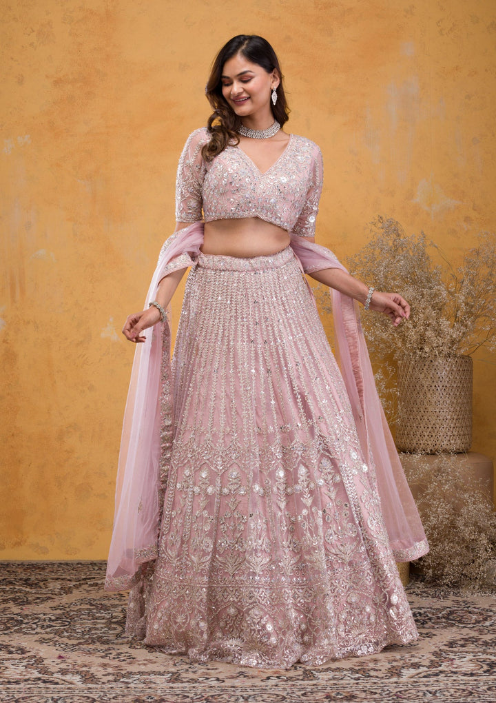 Mauve Stonework Net Readymade Lehenga-Koskii