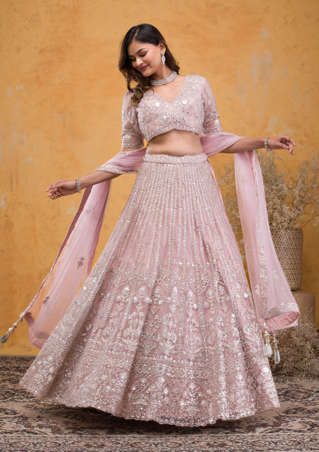 Mauve Stonework Net Readymade Lehenga-Koskii