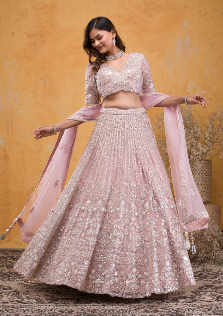 Mauve Stonework Net Readymade Lehenga-Koskii
